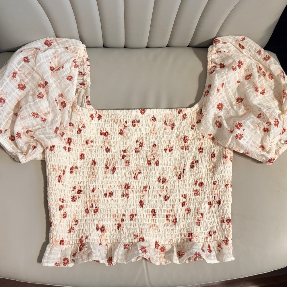American Eagle Outfitters Floral Smocked Blouse - Cream and Red